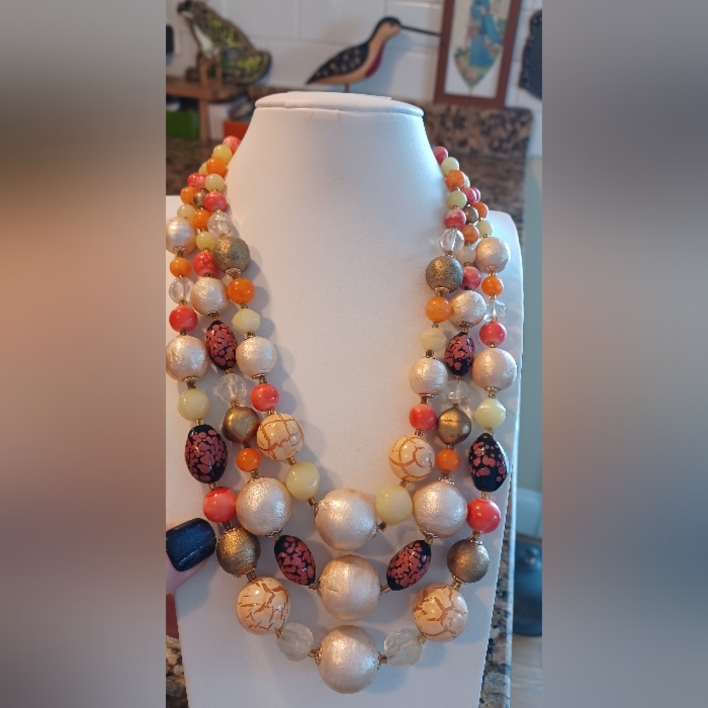 Vintage 3 Strand Japan Lucite And Glass Necklace